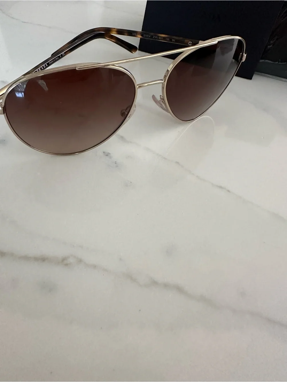 Prada Woman’s Aviator Sunglasses - Gold Frame with Brown Lenses NIB